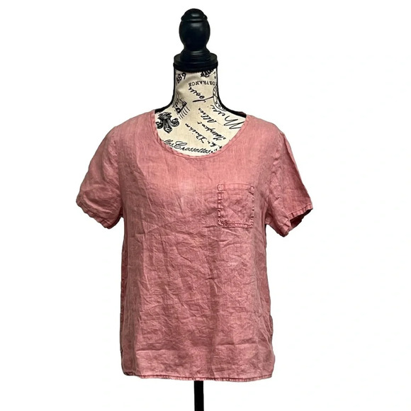 C&C CALIFORNIA Women Short Sleeve Pullover Boat Neck Pink  Linen Shirt S Boho - Picture 1 of 7
